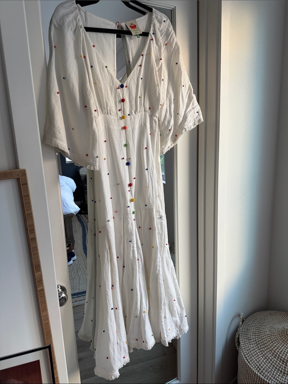 FARM RIO White Button-Front Midi Dress with Multicolor Beaded Dot Embroidery